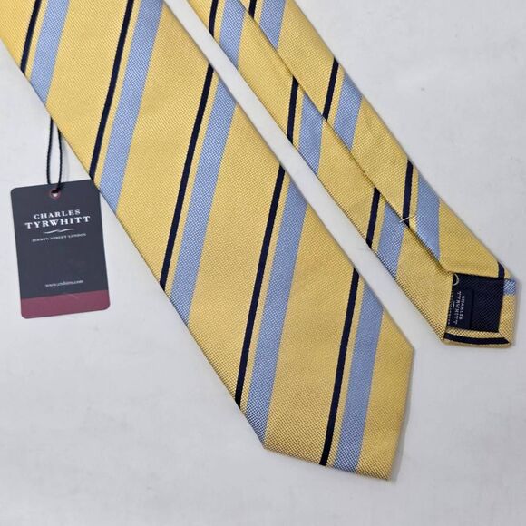 CHARLES TYRWHITT SILK TIE YELLOW BLUE TEXTURED REPP STRIPE SATIN 3.25" X 60" NEW - Picture 1 of 4